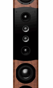 Tall black speaker with wooden base, featuring multiple drivers.