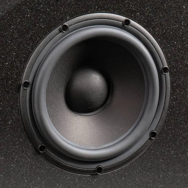 Close-up of a black speaker cone against a dark background.
