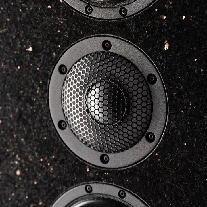 Close-up of a speaker cone on a dark, speckled surface.