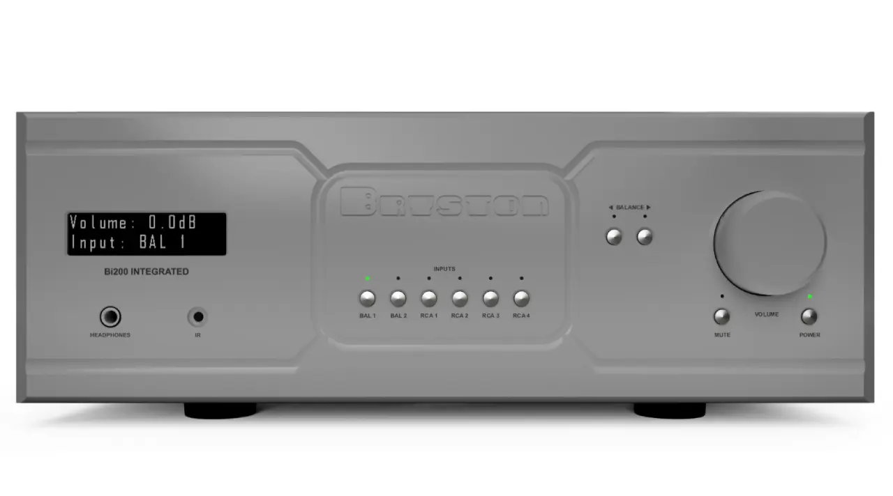 Front panel of a gray stereo amplifier with control buttons and headphone jack.