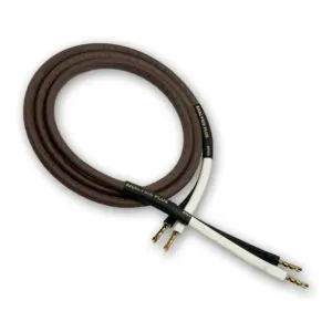 A brown audio cable with metal connectors.