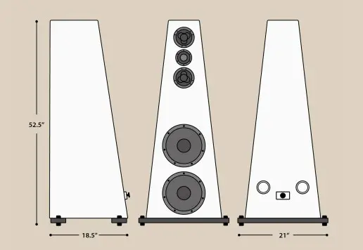 Modern white floor-standing speakers with multiple drivers and a sleek design.