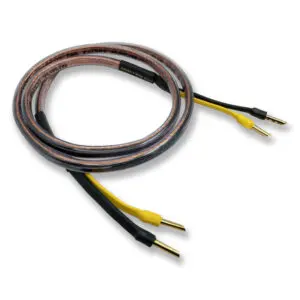 Pair of speaker cables with banana plugs and bare wire ends.