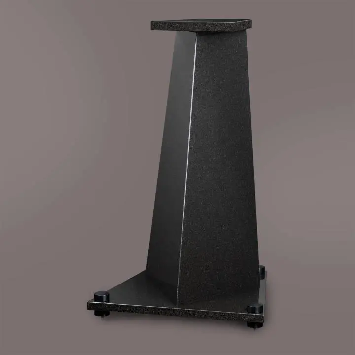 Sleek black speaker stand with a minimalist design on a gray background.
