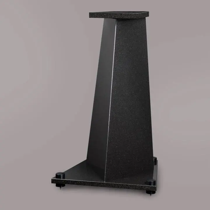 Sleek black speaker stand with a modern tapered design on wheels.