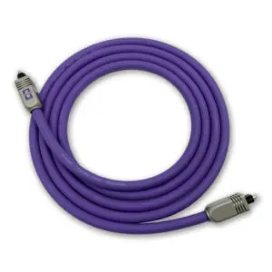 Purple ethernet cable with silver connectors coiled neatly.