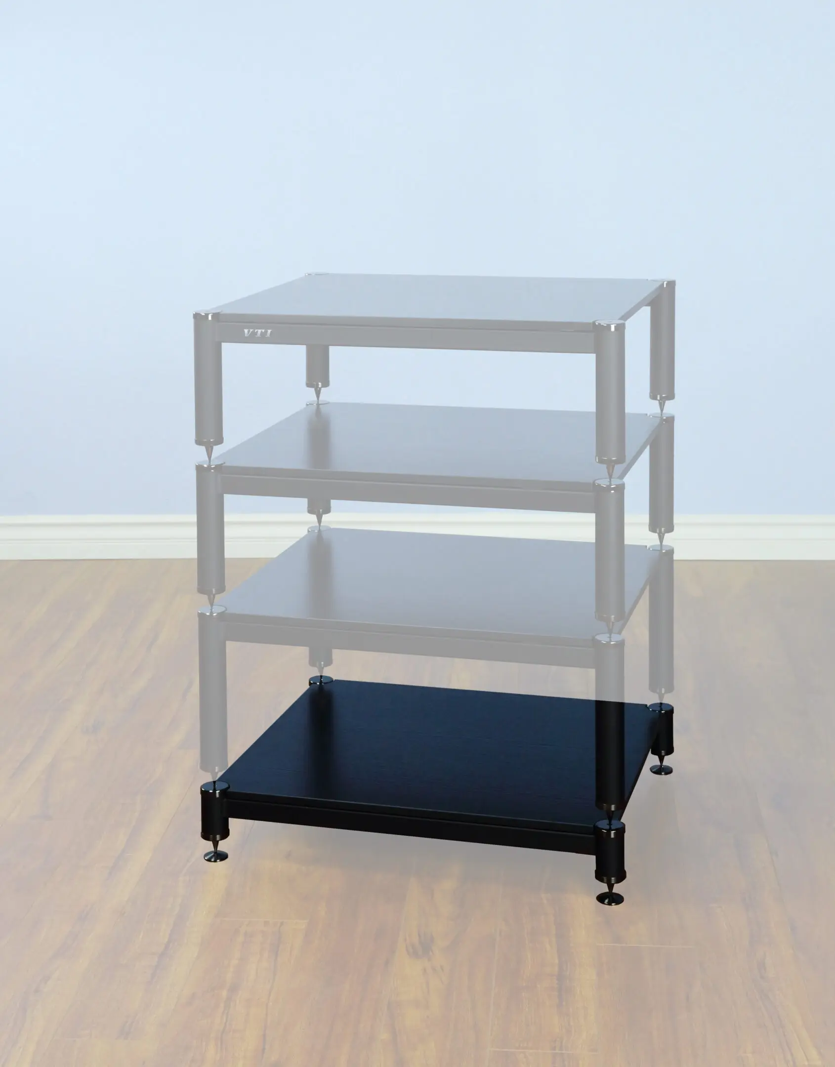 A black metal shelf unit with adjustable height settings.