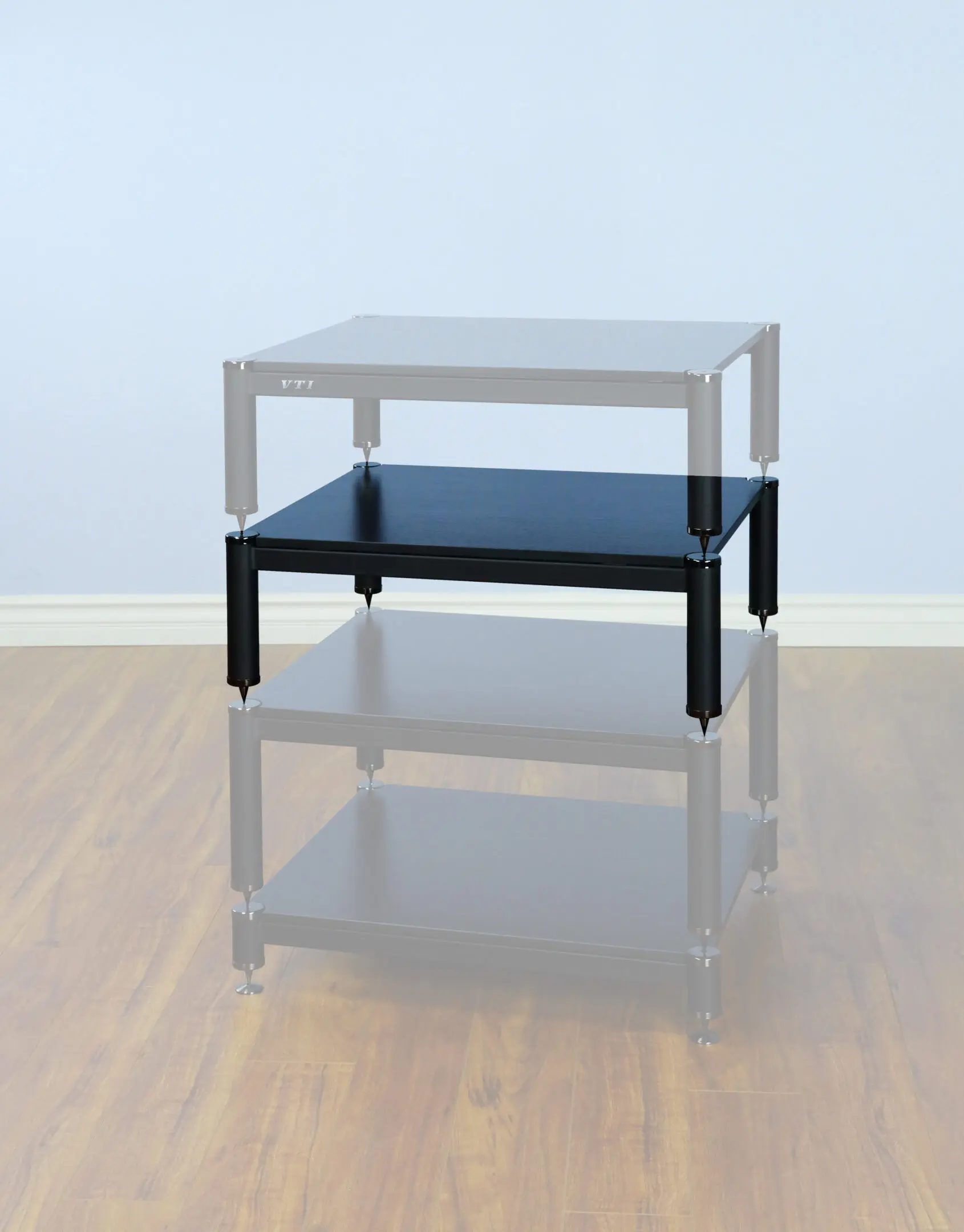 A modern glass and metal table with a black shelf.