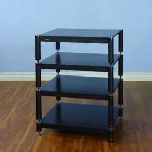 A black four-tier rolling utility cart with wheels on wooden flooring.