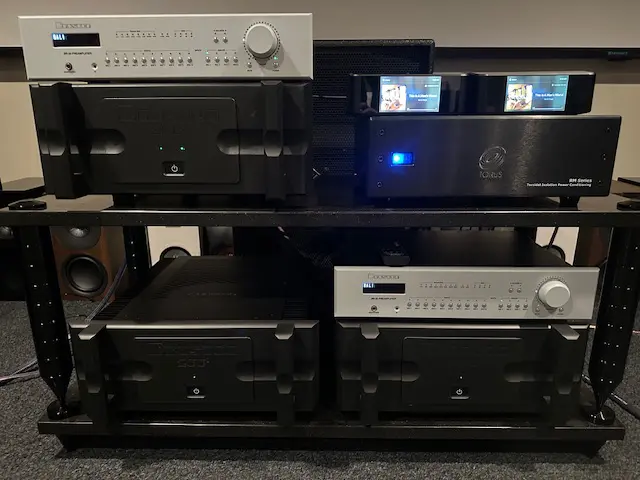 High-end audio equipment setup with black and silver components.