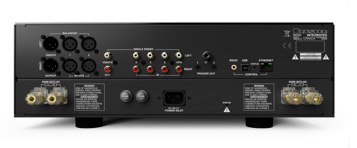 Rear panel of an audio amplifier with various input/output ports and controls.