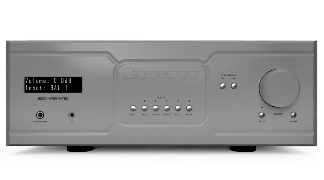 Front view of a black audio amplifier with control buttons and display.