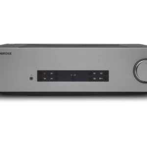 Silver audio amplifier with control panel and large volume knob.