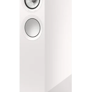 Close-up of a white speaker with silver accents.