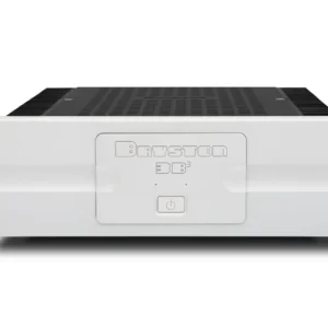 White electronic device with digital display and buttons on front panel.