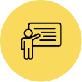Illustration of a person teaching in front of a blackboard on a yellow circle.