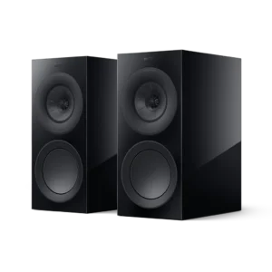 A pair of sleek black bookshelf speakers with a modern design.