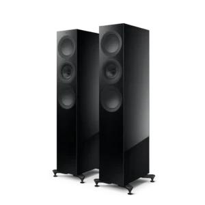Two sleek black floor-standing speakers with a modern design.