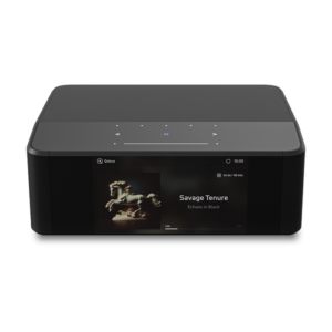 A sleek black wireless speaker with a digital touchscreen display.
