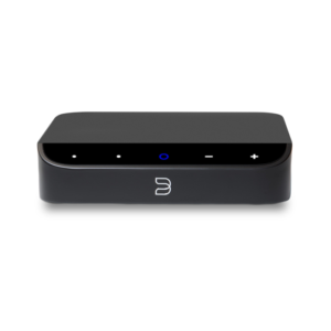 A sleek black electronic device with indicator lights on top.