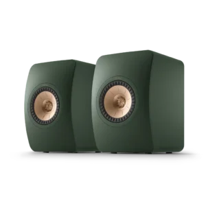 Pair of sleek, green bookshelf speakers with gold drivers.