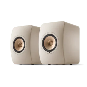 Pair of beige bookshelf speakers with circular drivers.