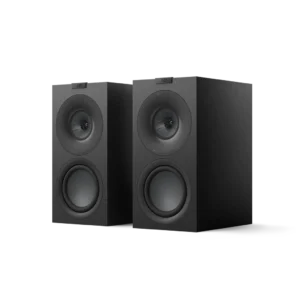 Pair of black bookshelf speakers with dual drivers.