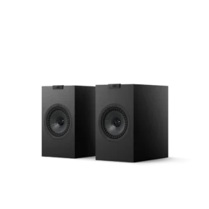 A pair of black bookshelf speakers with a sleek design.