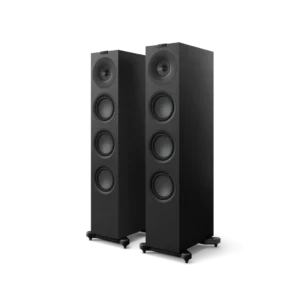 Pair of black floor-standing speakers with multiple drivers.