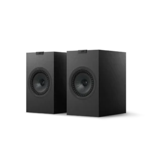 Pair of black bookshelf speakers with a modern design.