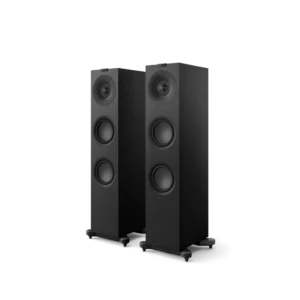 Sleek black tower speakers with multiple drivers on a dark background.