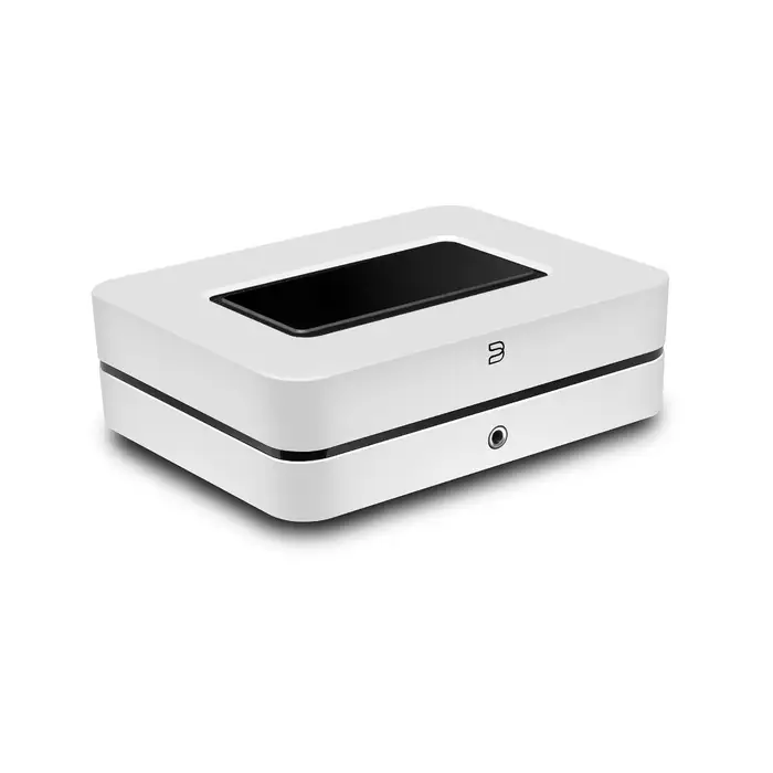 Compact white electronic device with black screen on top.