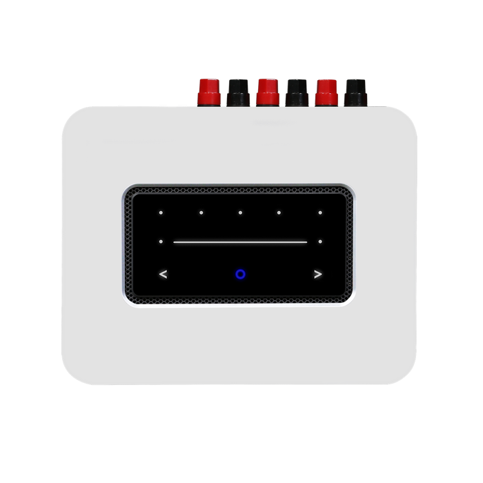 Compact electronic device with a black display and red-black connectors on top.
