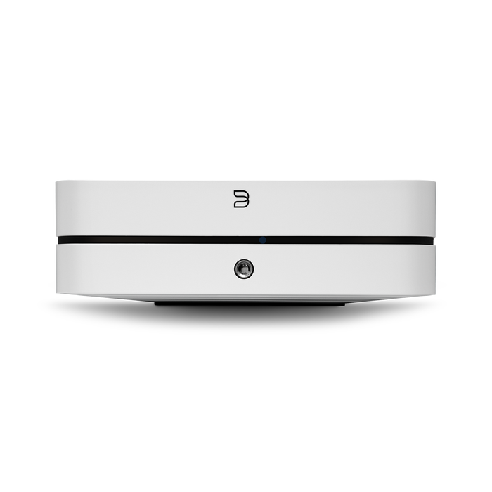 Front view of a sleek white electronic device with a slot and a button.
