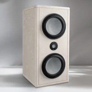 A white vintage speaker with two large drivers and one smaller tweeter.