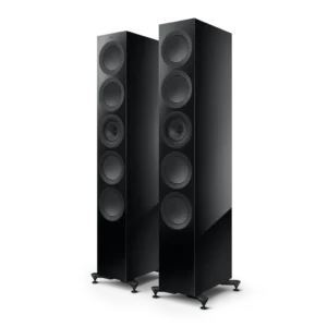 Two sleek black floor-standing speakers with multiple drivers.