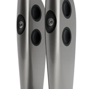 Sleek modern tower speakers with multiple drivers in metallic finish.