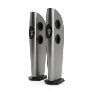 Pair of sleek, modern silver tower speakers with black speaker cones.