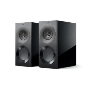 Pair of sleek black bookshelf speakers with dual drivers.