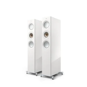 Pair of sleek white floor-standing speakers with silver accents.