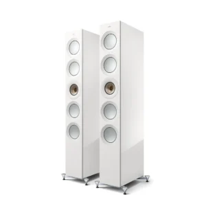 Pair of sleek white floor-standing speakers with multiple drivers.